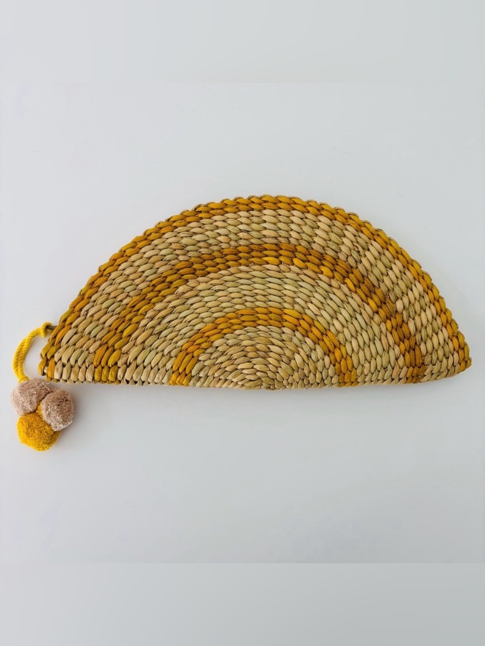 Lu & Elle Half Moon Clutch NWT Natural Straw Yellow & Tan Pom-Pom Trim Zipper